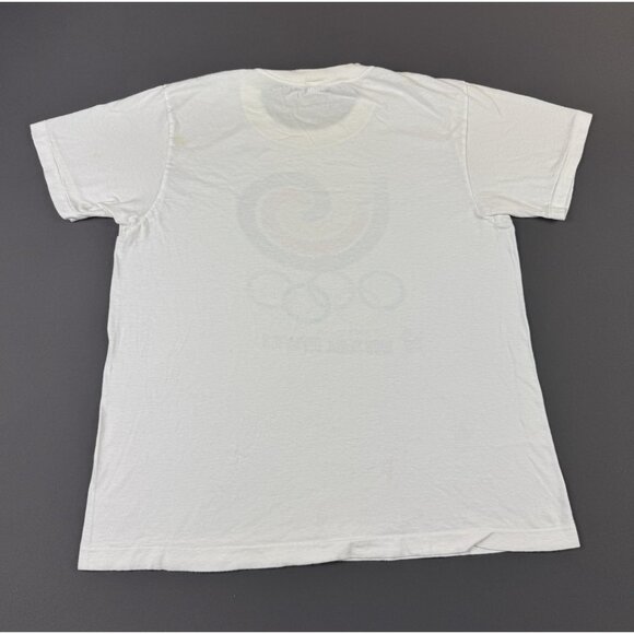 Rare Vintage 80s 1988 Seoul Korea Olympics Sport White Shirt Thrashed Paint Art - Picture 2 of 11